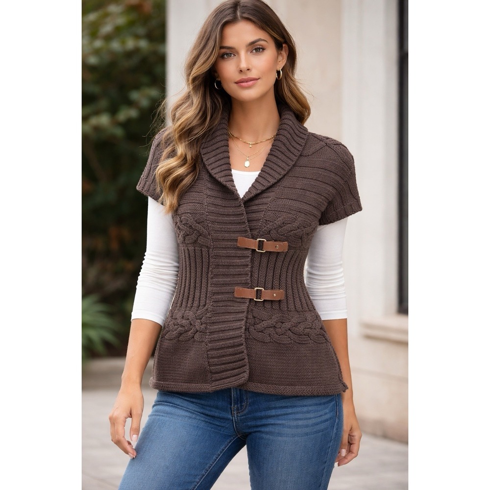 Tommy Hilfiger Women's XL Brown Cable Knit Buckle Cardigan Sweater